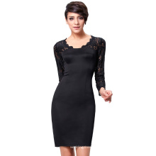 Kate Kasin de manga larga de encaje + paño sano corto vestido de cóctel negro KK000207-1